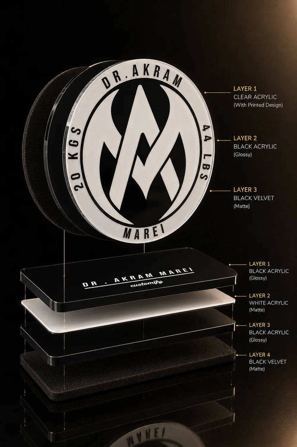 A second design — round emblem stand, exploded into its layers